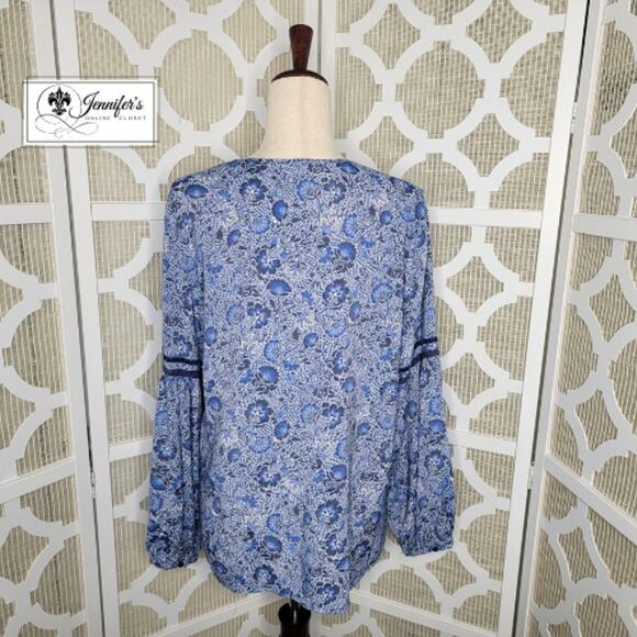 St. John's Bay Blue Floral Split Neck Balloon Sleeve Peasant Blouse Size L - Picture 9 of 12